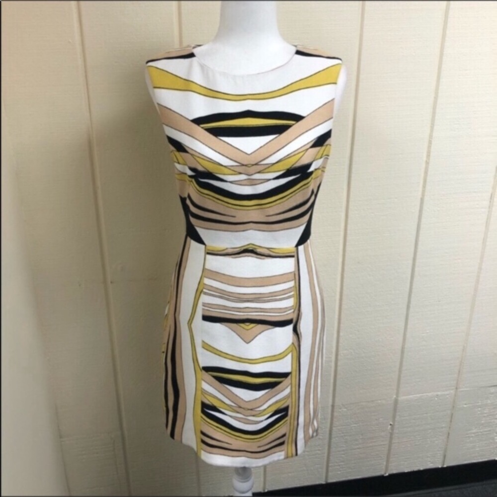 Anthropologie Fitted Geometric Stripe Mini Dress in White, Yellow, Black, Beige